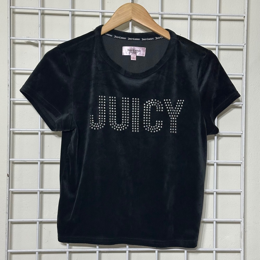 Juicy Couture Velour Rhinestone Logo Tee Top Sleepwear‎ Black Large - Picture 2 of 7